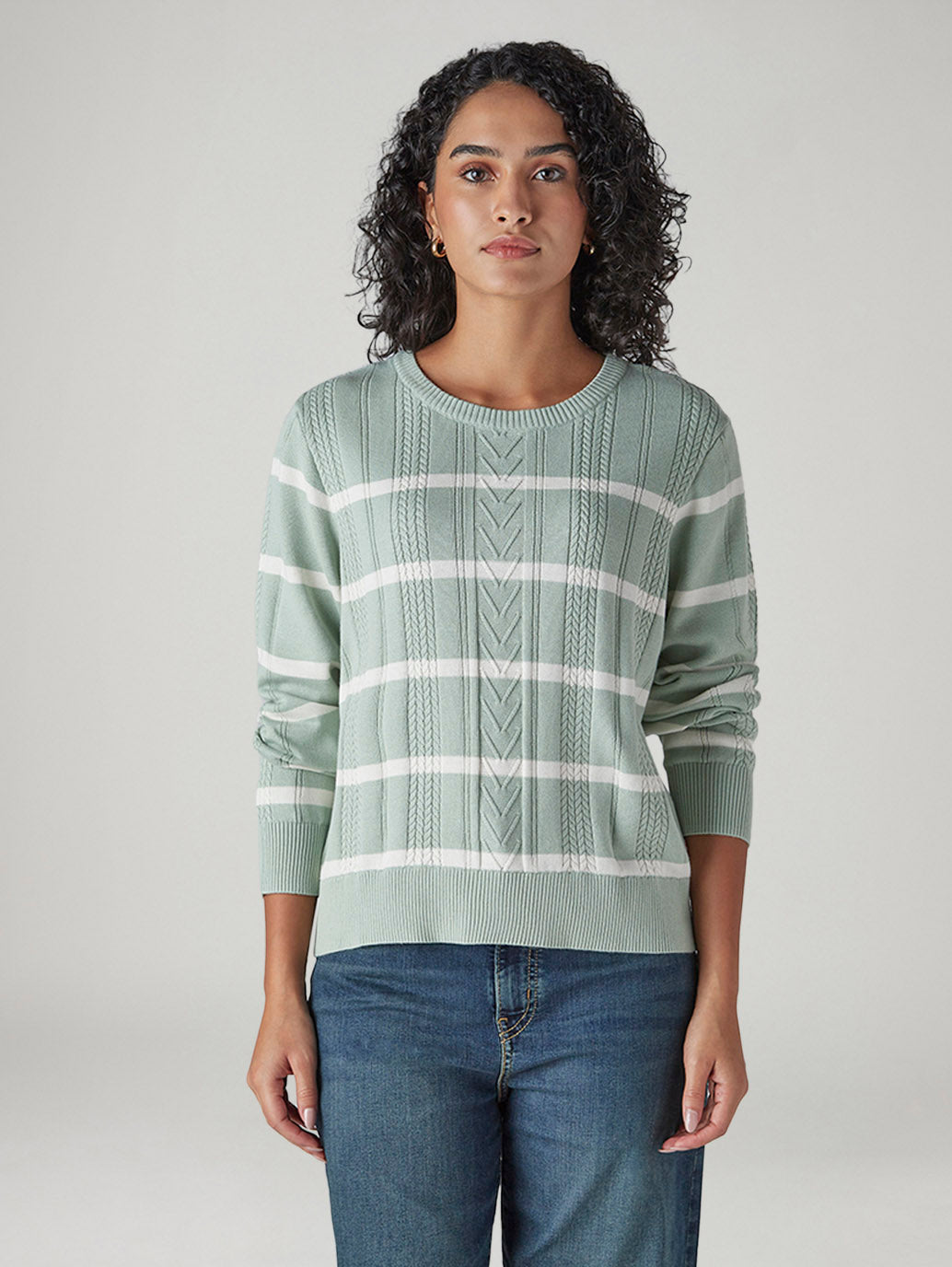 Women's Striped Regular Fit Cable Sweater - Front View