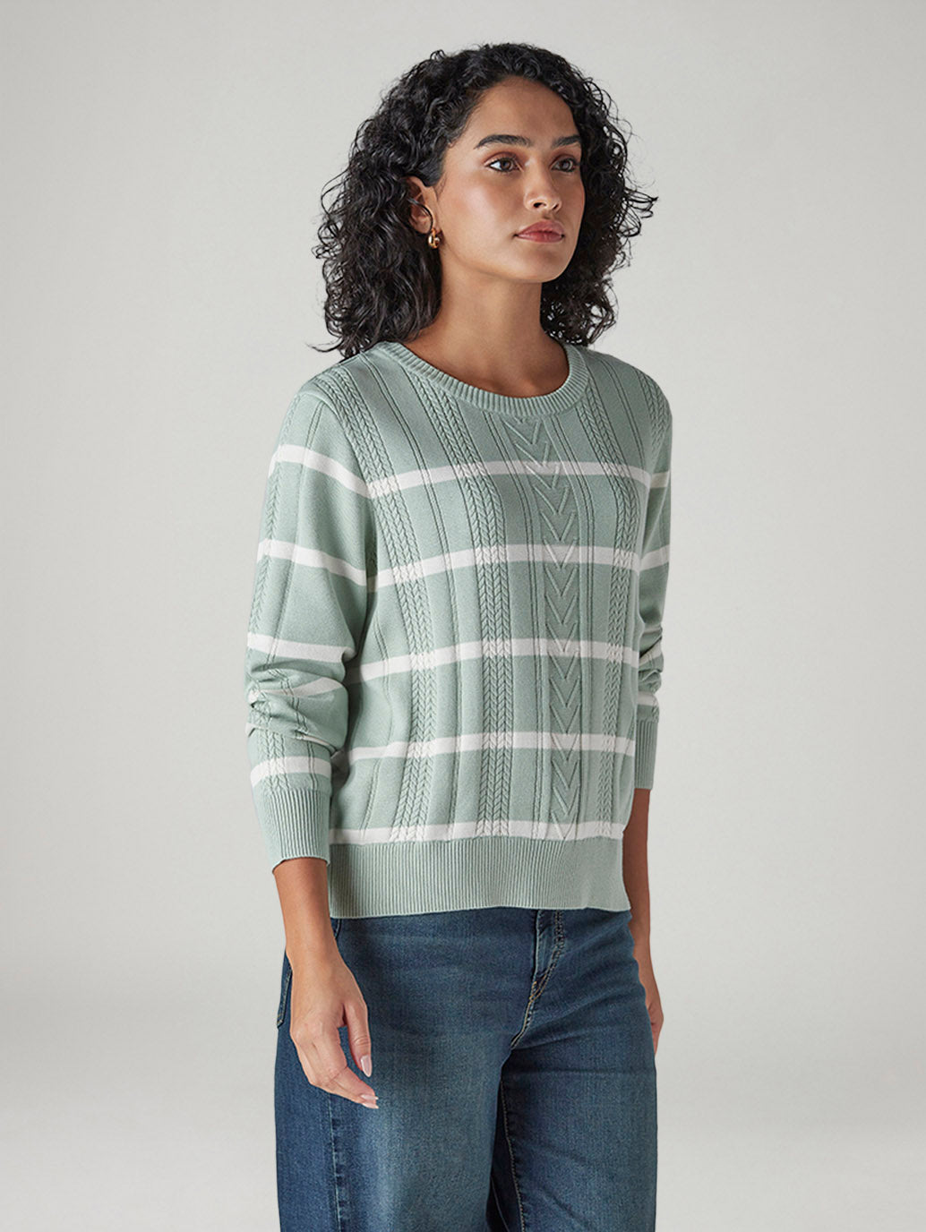 Women's Striped Regular Fit Cable Sweater - Side View