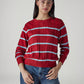 Women's Striped Red Crew Neck Cable Sweater - Front View