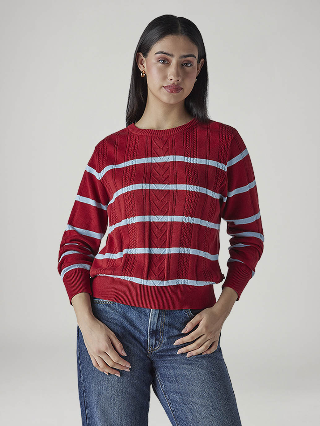 Women's Striped Red Crew Neck Cable Sweater - Front View