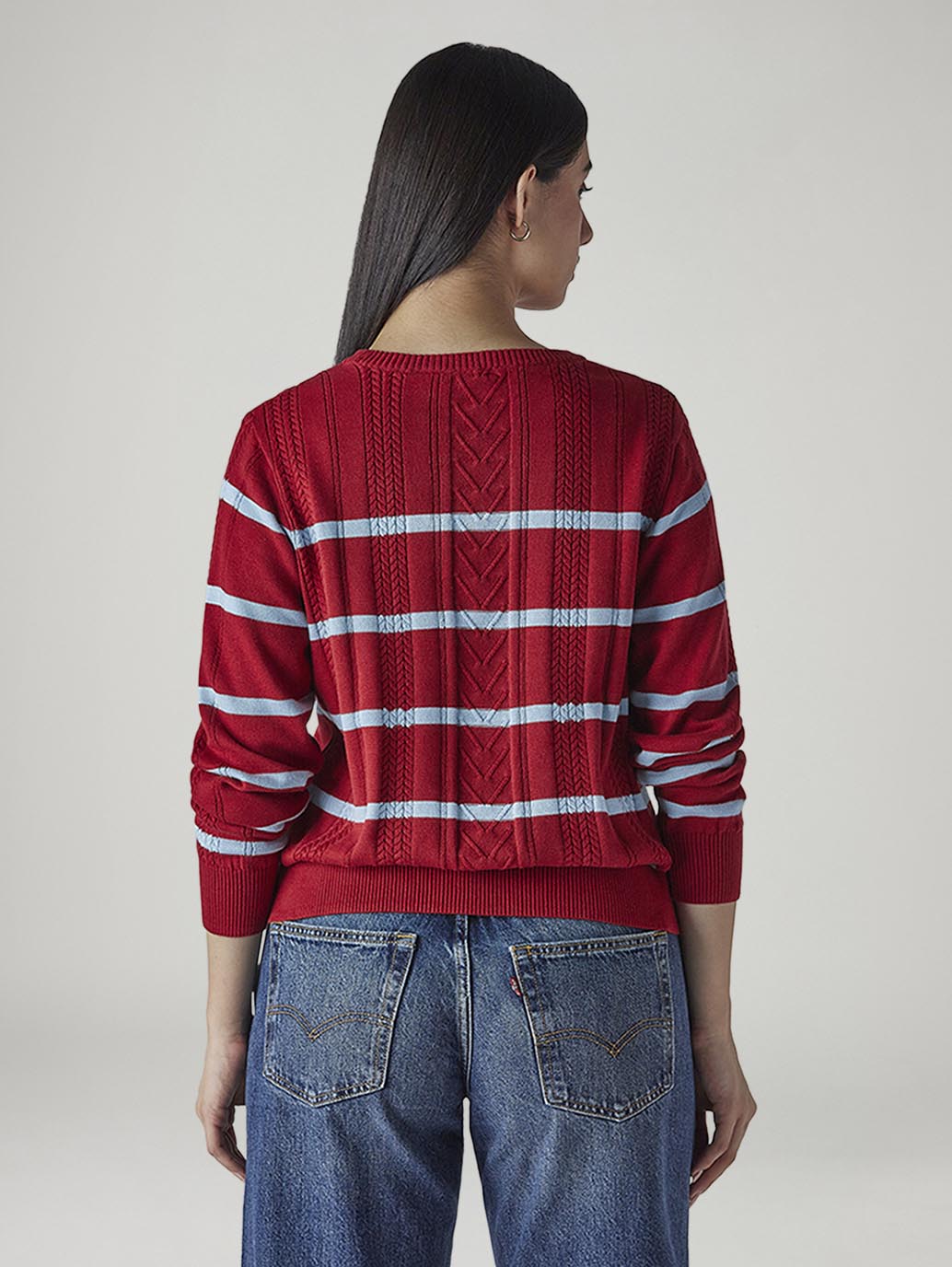 Women's Striped Red Crew Neck Cable Sweater - Back View