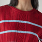 Women's Striped Red Crew Neck Cable Sweater - Detail View
