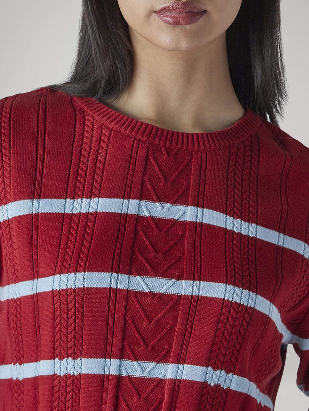 Women's Striped Red Crew Neck Cable Sweater - Detail View