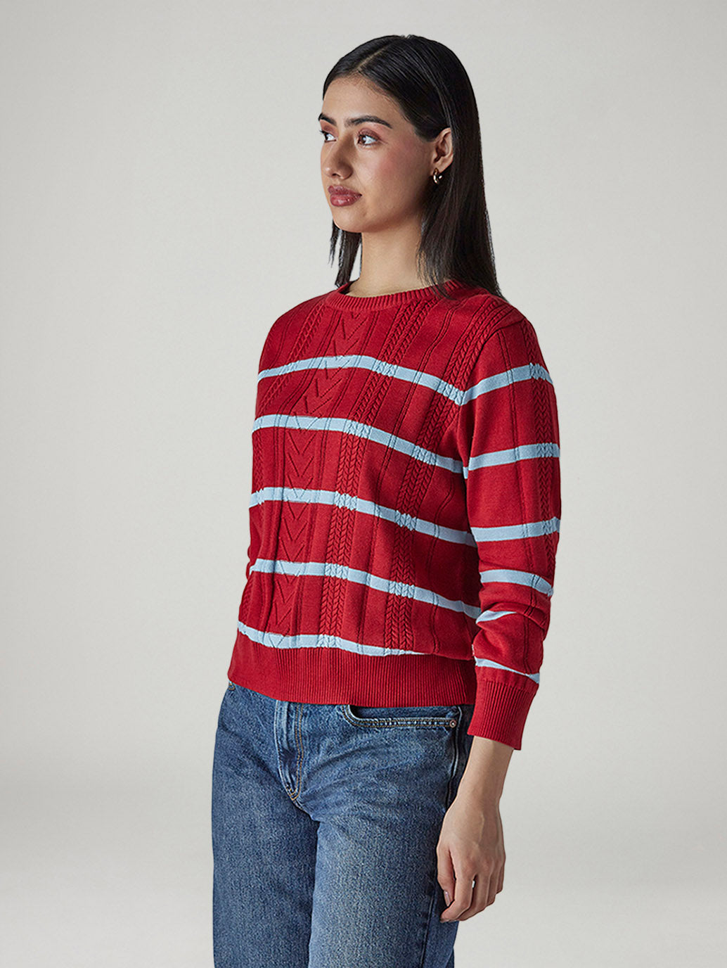 Women's Striped Red Crew Neck Cable Sweater - Side View