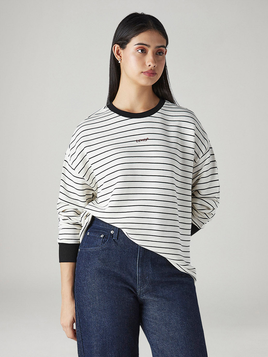 Women's Striped Off White Crew Neck Sweatshirt