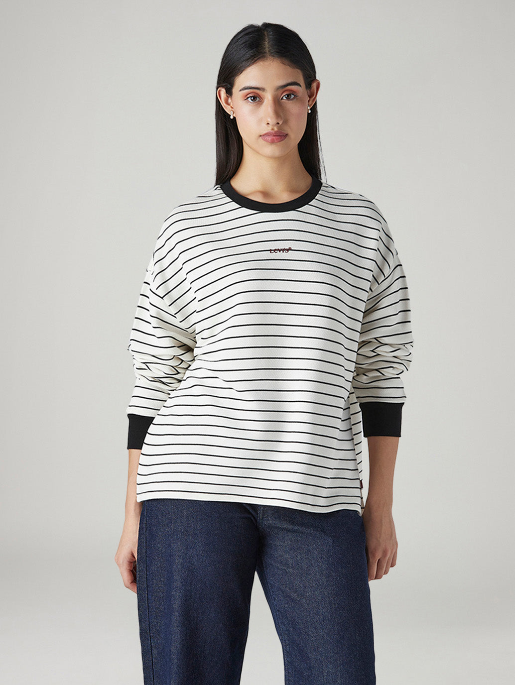 Women's Striped Crew Neck Sweatshirt - Front View