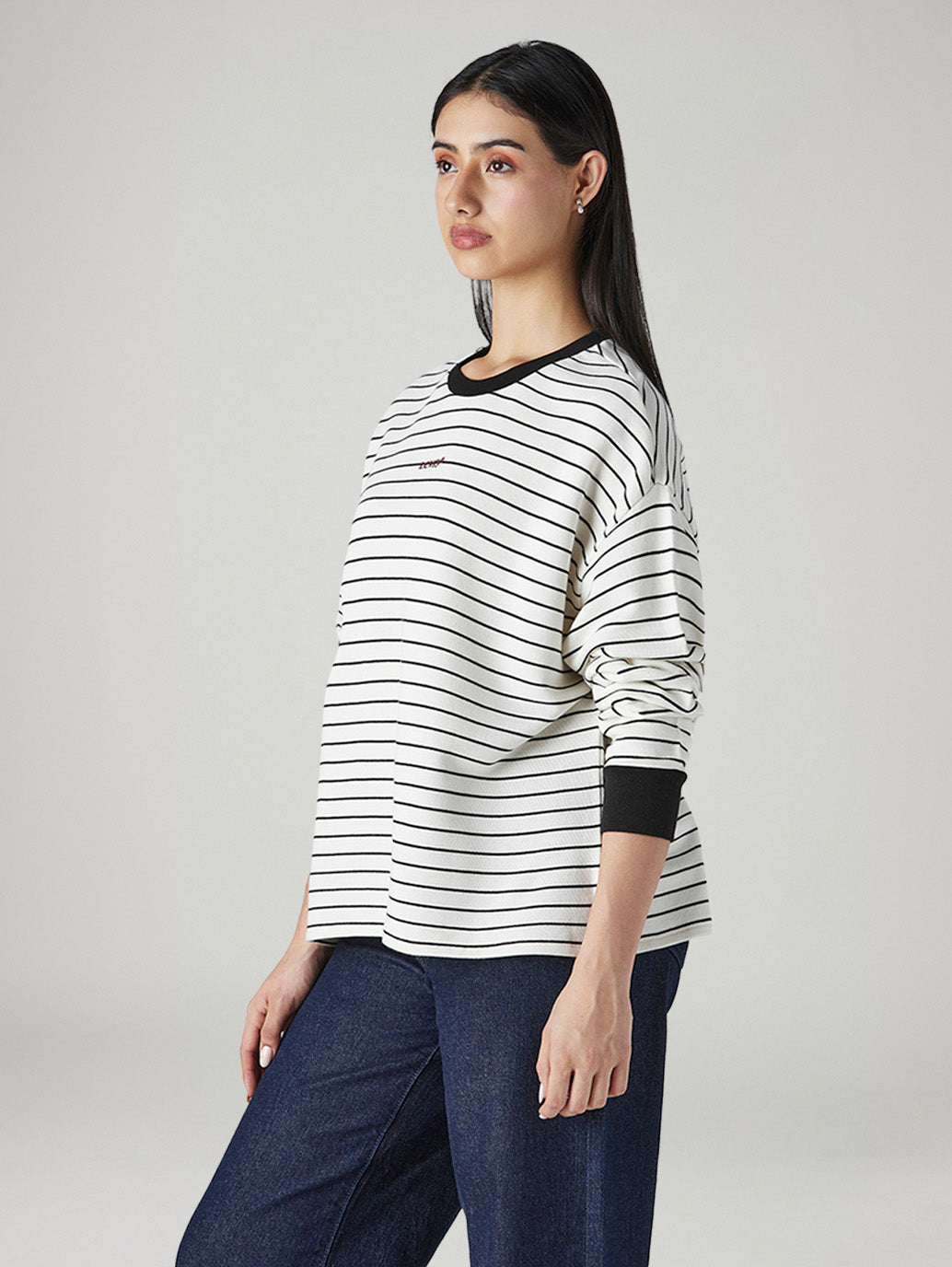 Women's Striped Crew Neck Sweatshirt - Side View