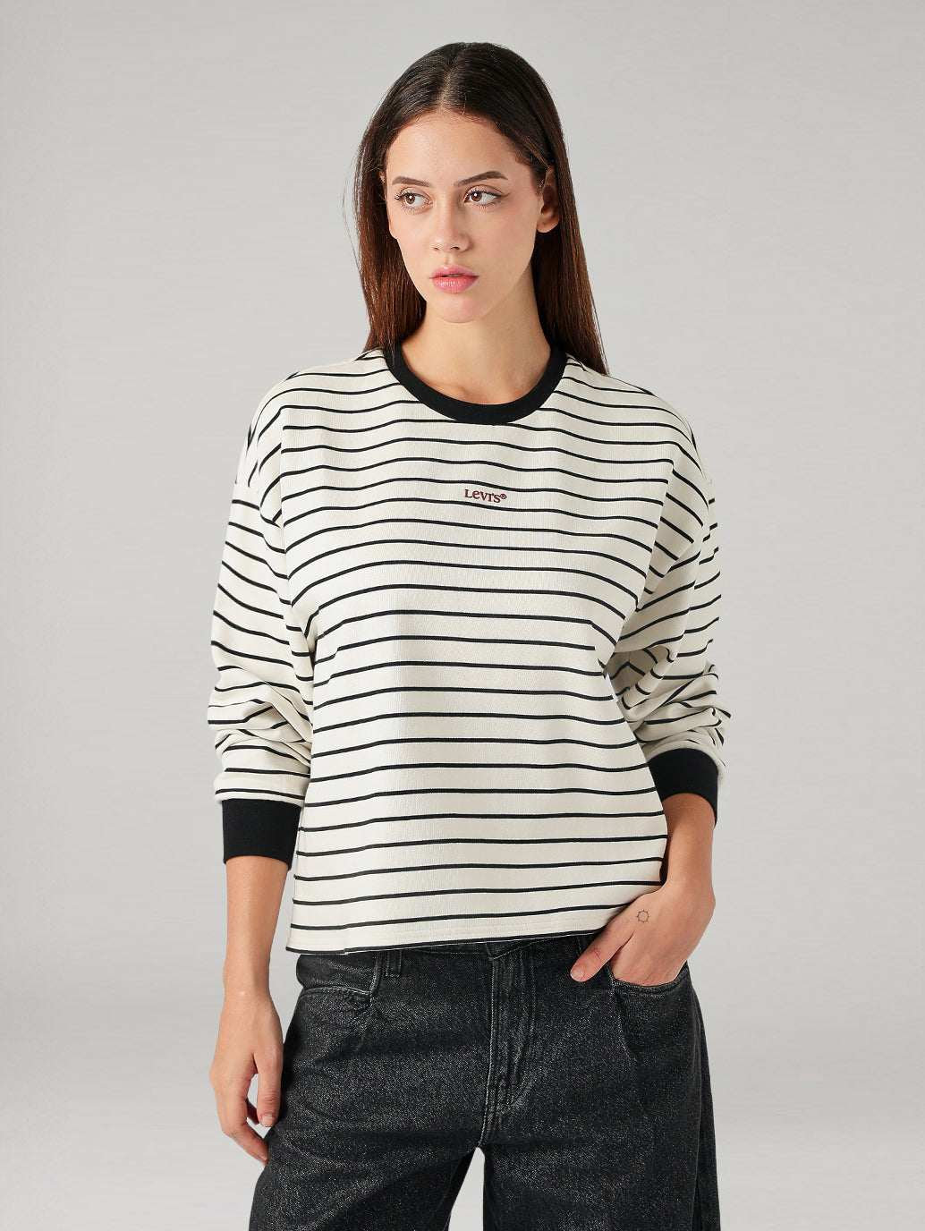 Women's Striped Relaxed Fit Sweatshirt - Front View