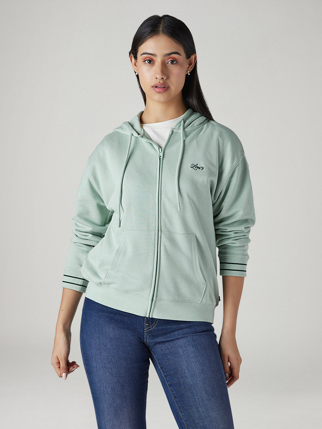 Women's Solid Relaxed Fit Hooded Sweatshirt - Front View