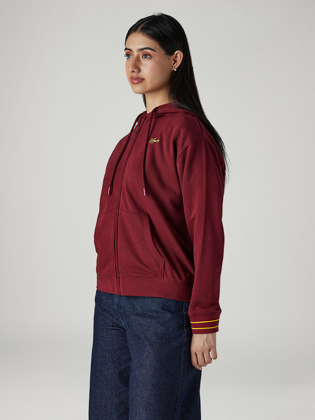 Women's Solid Maroon Hooded Sweatshirt - Side View