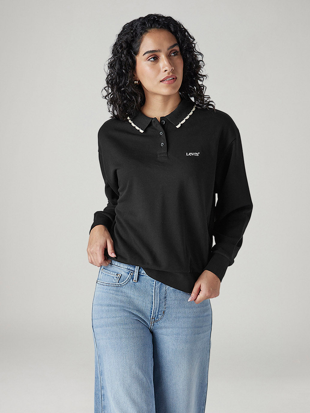 Women's Solid Black Polo Collar Sweatshirt