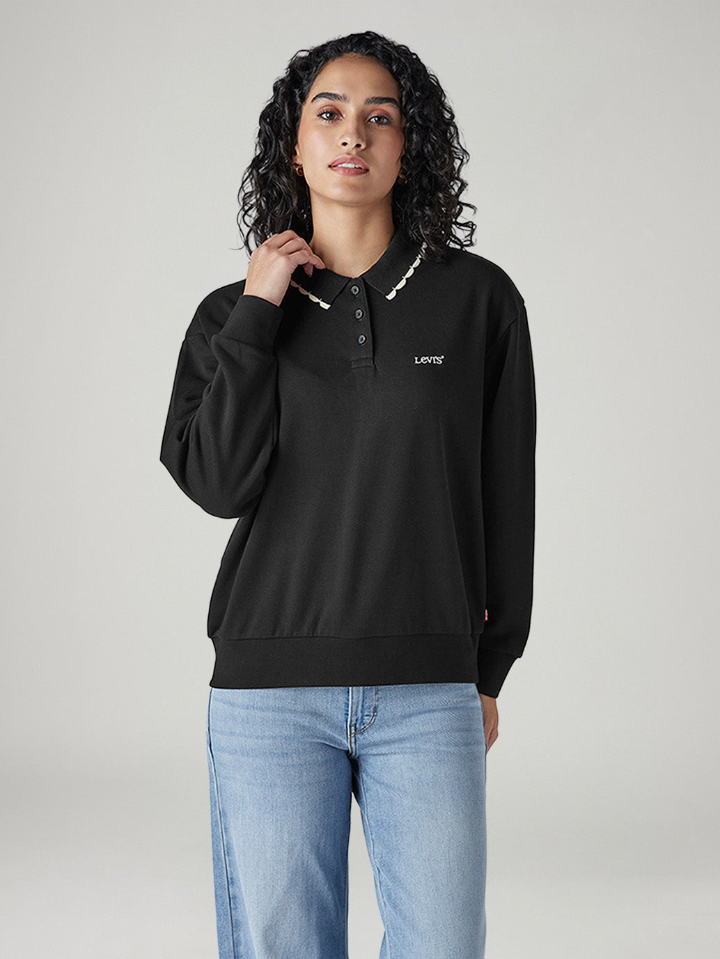 Women's Solid Black Polo Collar Sweatshirt - Front View