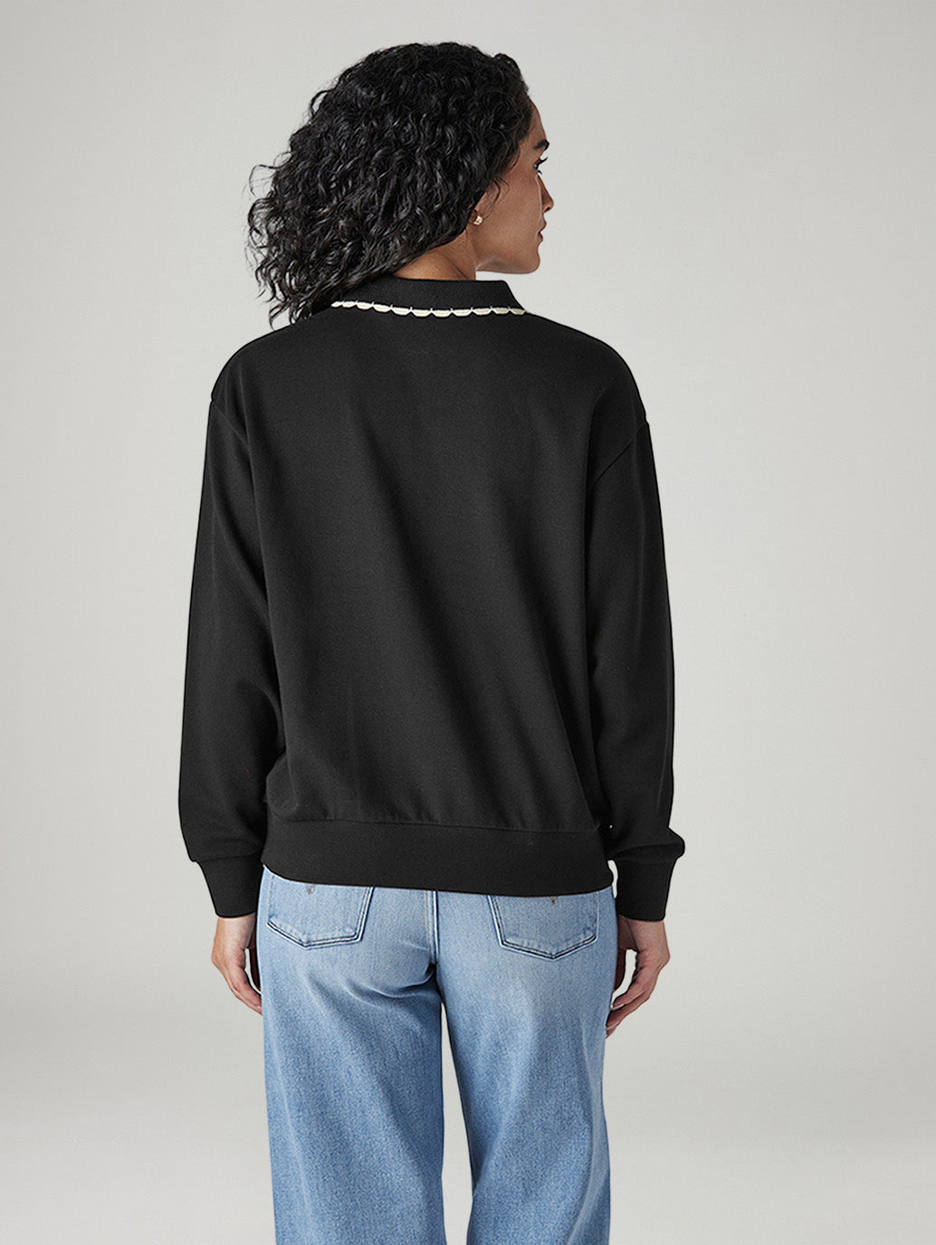 Women's Solid Black Polo Collar Sweatshirt - Back View