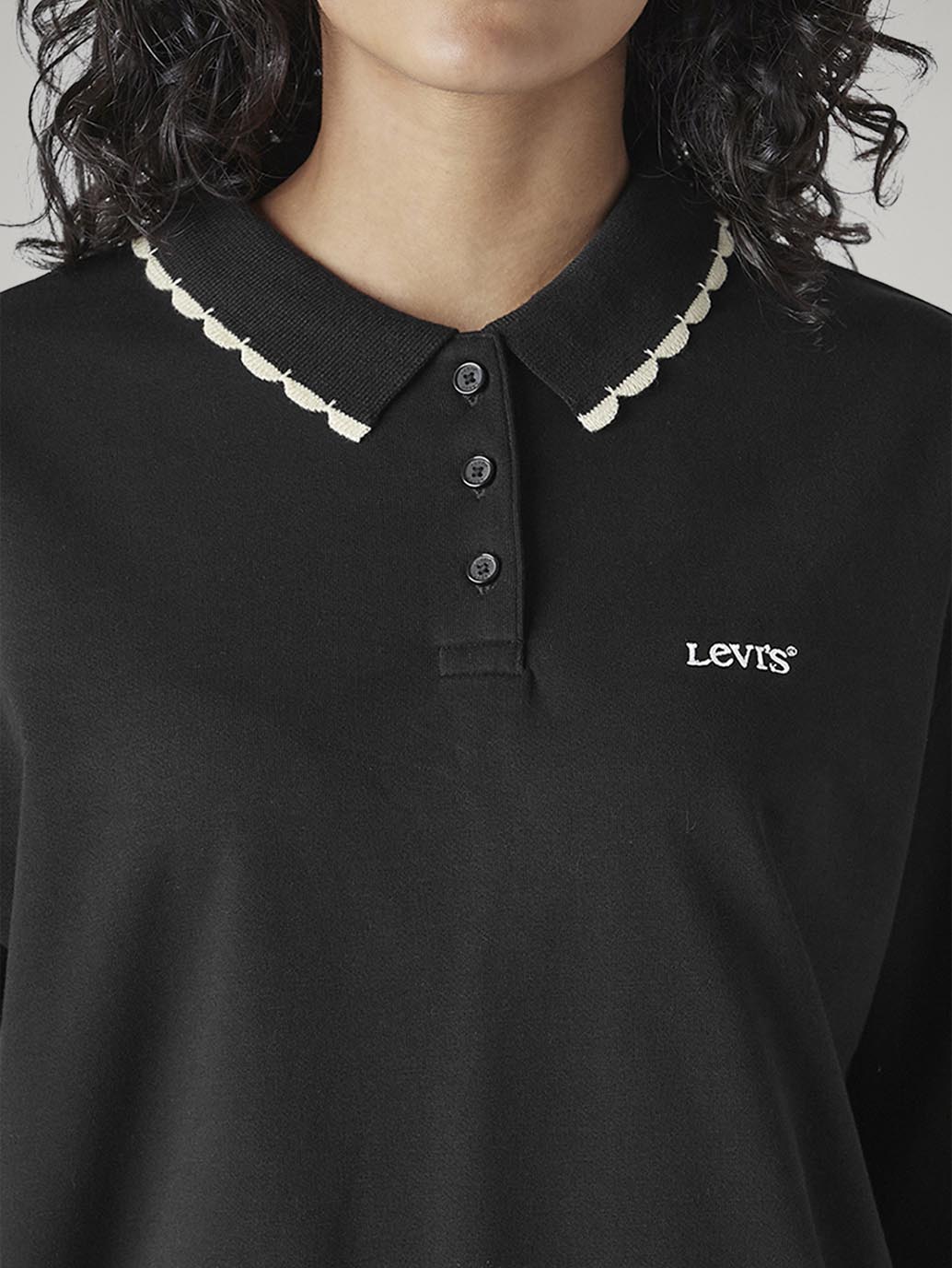 Women's Solid Black Polo Collar Sweatshirt - Detail View
