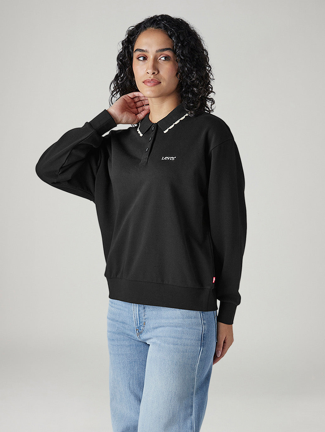 Women's Solid Black Polo Collar Sweatshirt - Side View