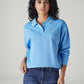 Women's Solid Blue Polo Collar Sweatshirt - Styleshot View