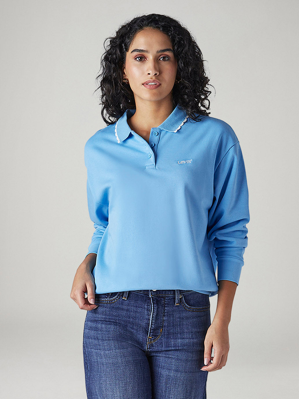 Women's Solid Blue Polo Collar Sweatshirt