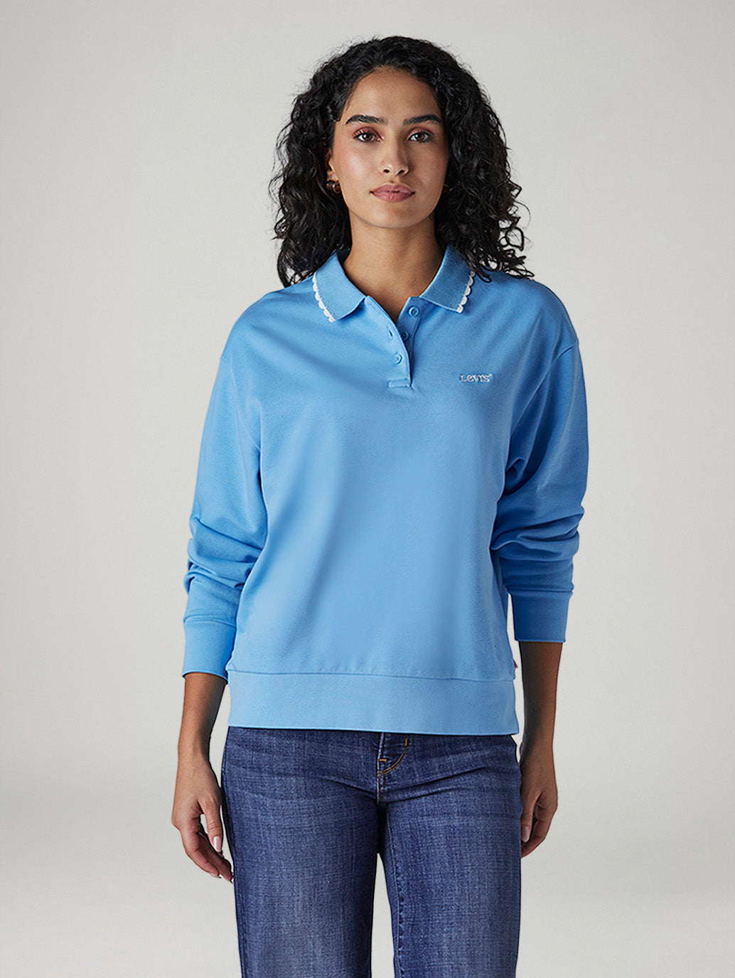 Women's Solid Blue Polo Collar Sweatshirt - Front View