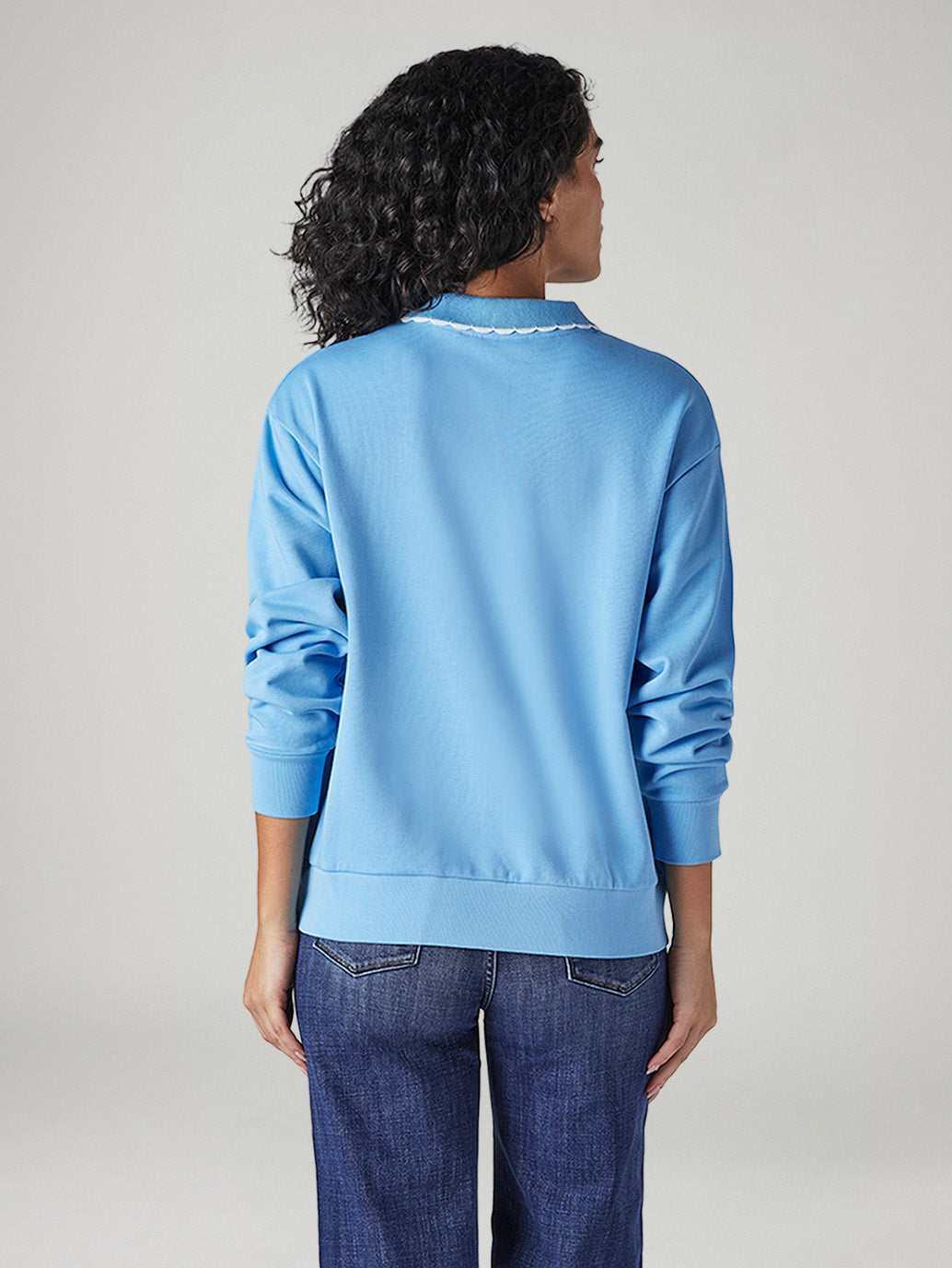 Women's Solid Blue Polo Collar Sweatshirt - Back View