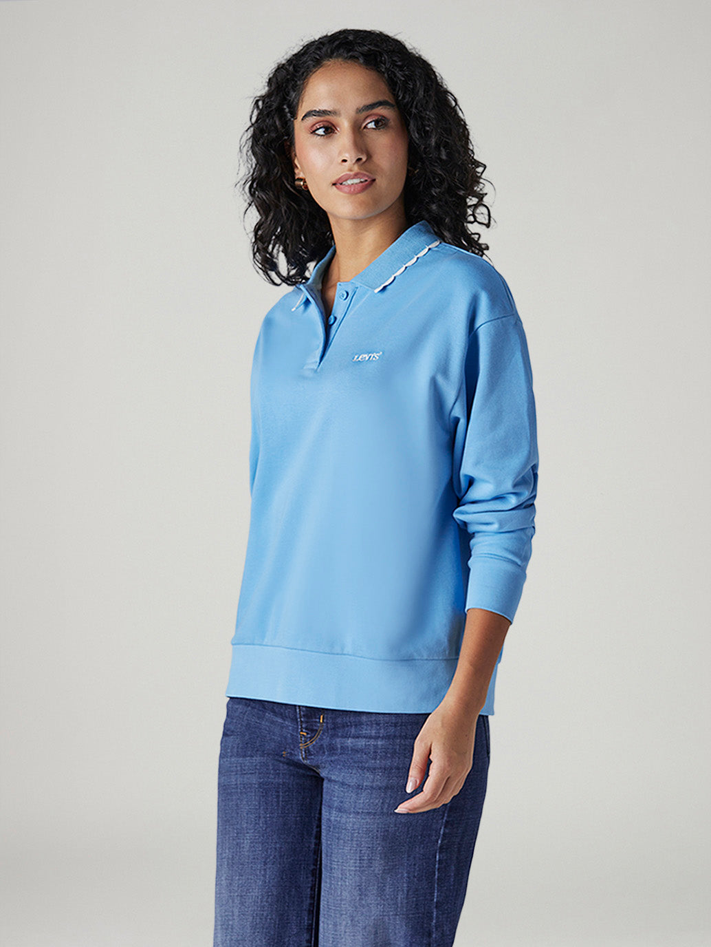 Women's Solid Blue Polo Collar Sweatshirt - Side View