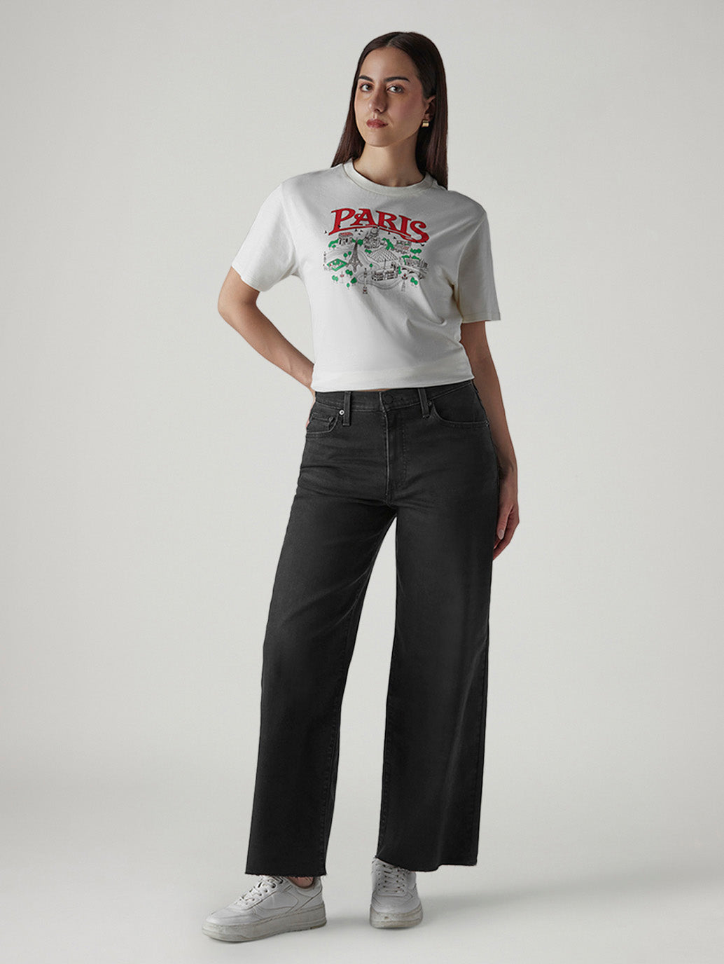 Women's Black Wide Leg Fit High Rise Cinched Jeans - Front View