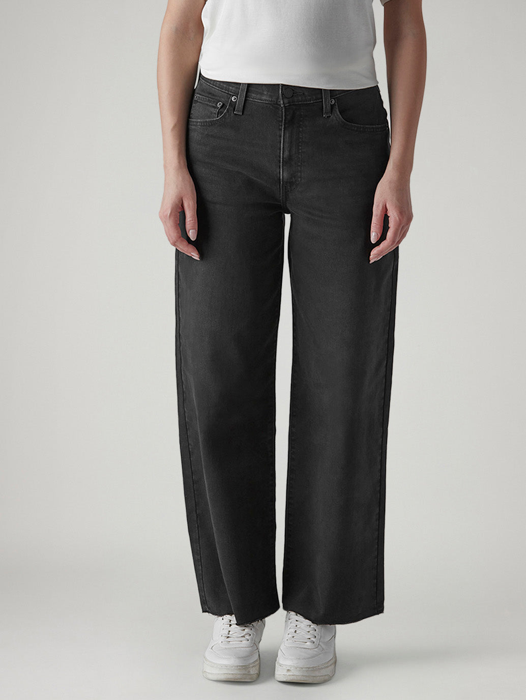 Women's Black Wide Leg Fit High Rise Cinched Jeans - Front View