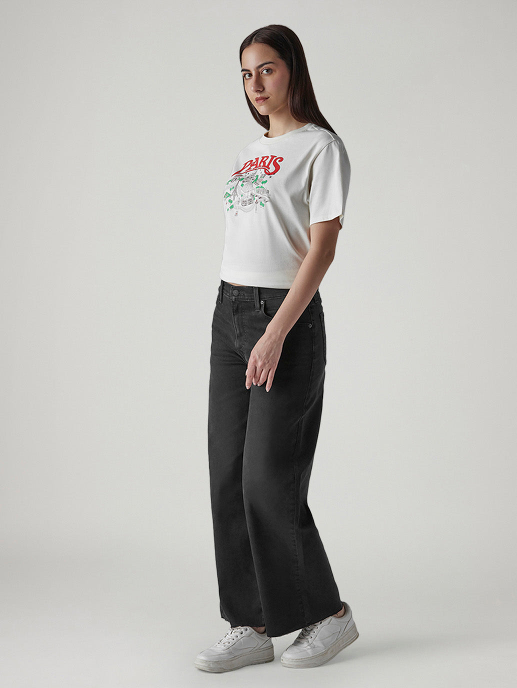 Women's Black Wide Leg Fit High Rise Cinched Jeans - Side View