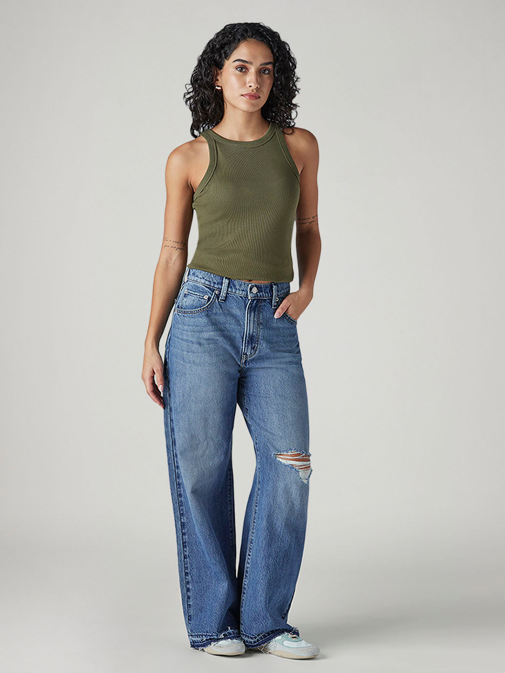 Women's Blue Wide Leg Fit High Rise Cinched Jeans