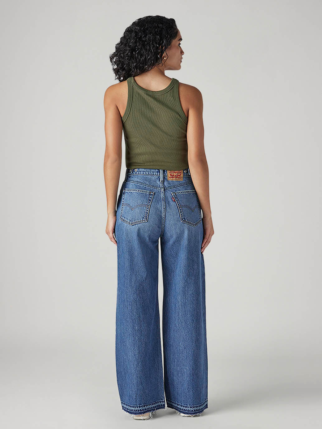 Women's Blue Wide Leg Fit High Rise Cinched Jeans - Back View