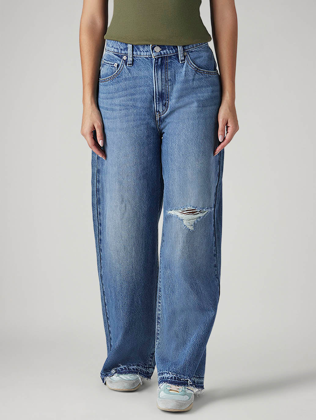 Women's Blue Wide Leg Fit High Rise Cinched Jeans - Front View
