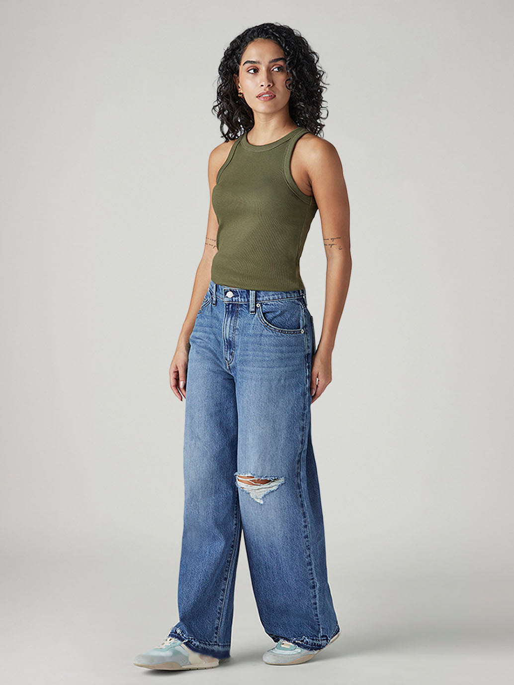 Women's Blue Wide Leg Fit High Rise Cinched Jeans - Side View