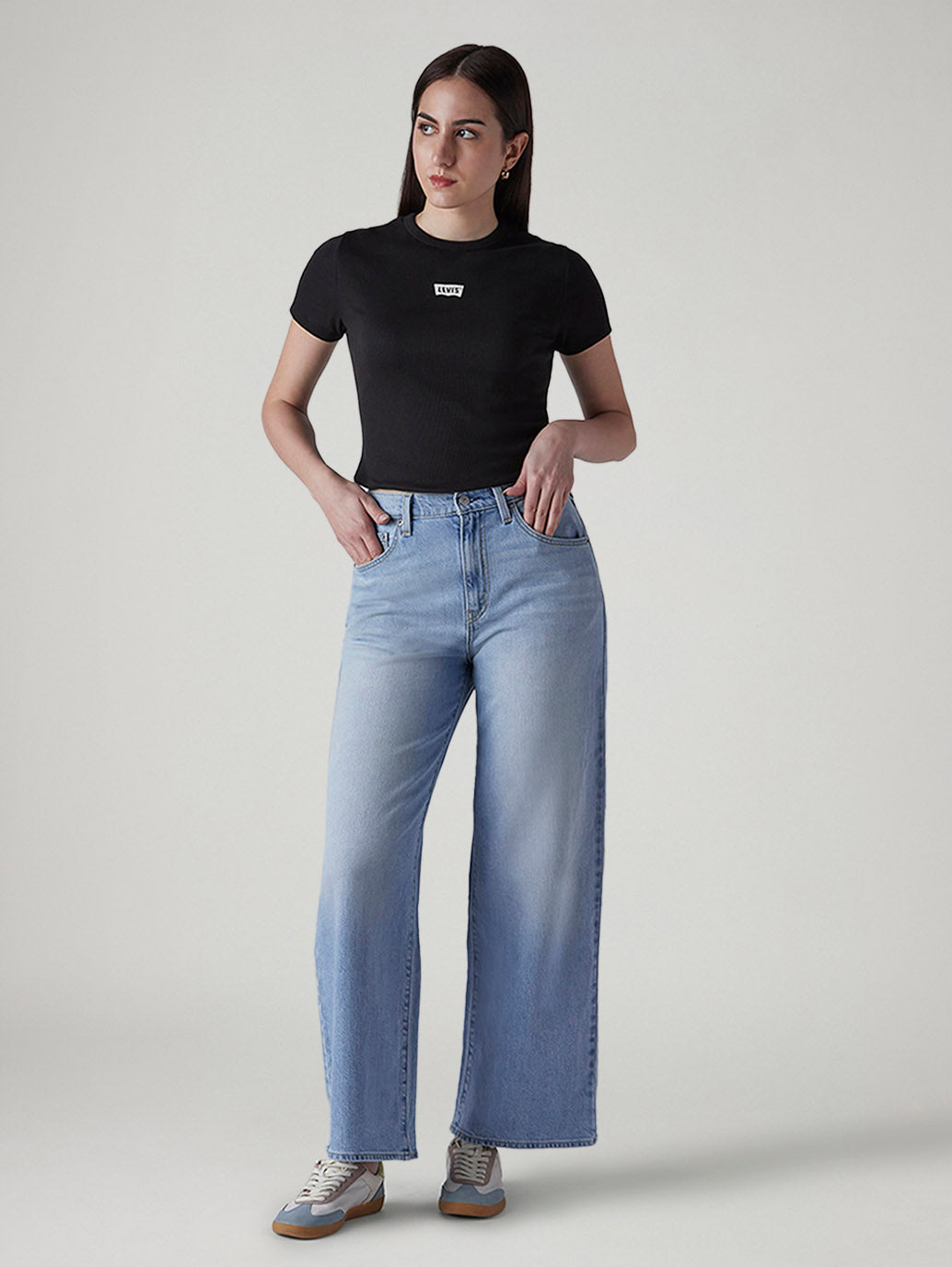 Women's Light Blue Wide Leg Fit High Rise Cinched Jeans