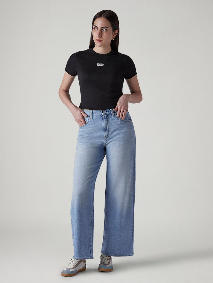 Women's Light Blue Wide Leg Fit High Rise Cinched Jeans