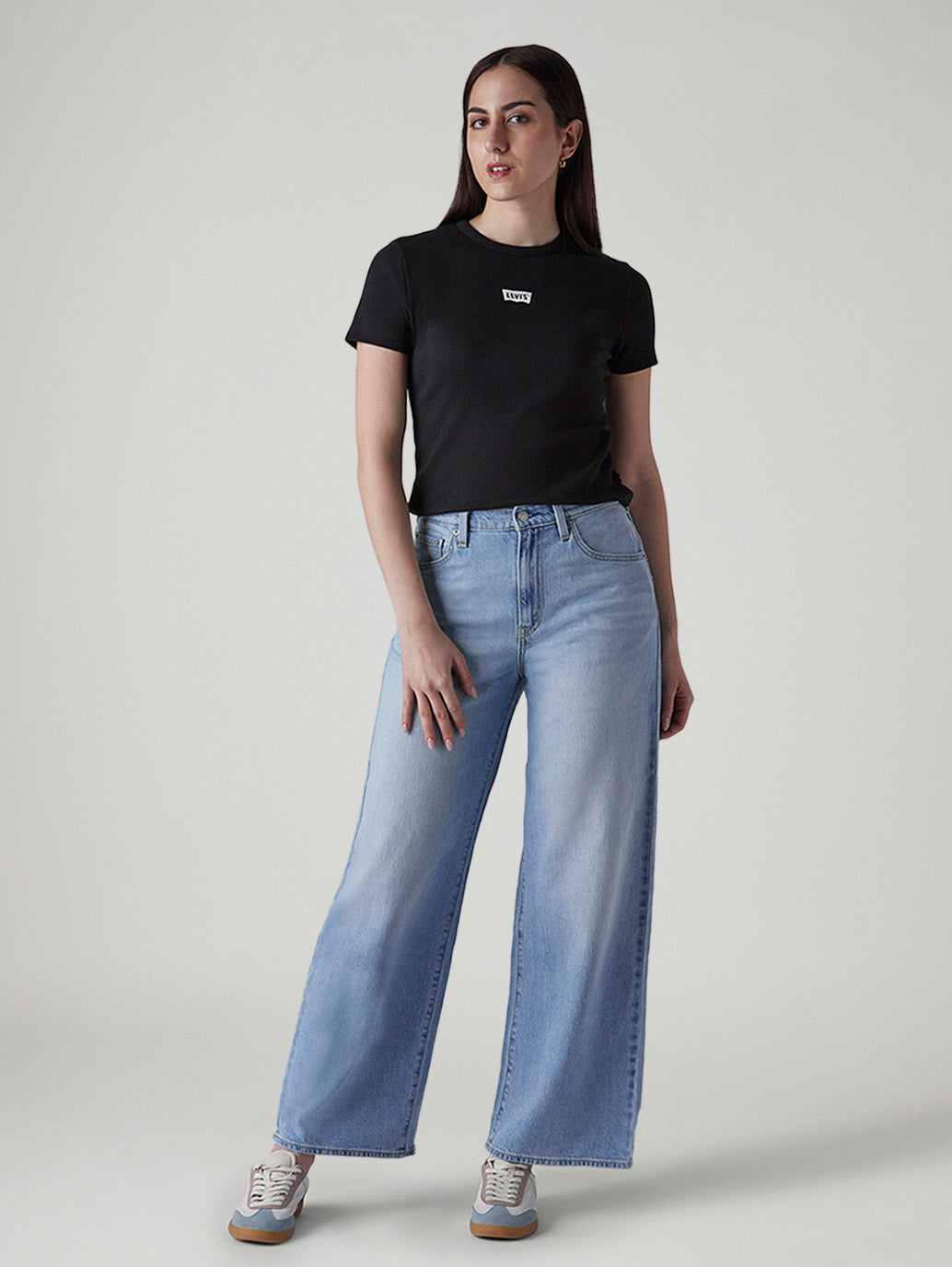 Women's Light Blue Wide Leg Fit High Rise Cinched Jeans - 20 View