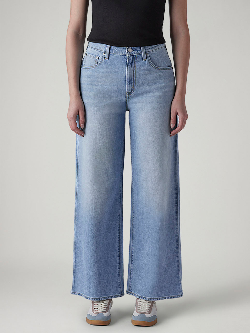 Women's Light Blue Wide Leg Fit High Rise Cinched Jeans - 20 View