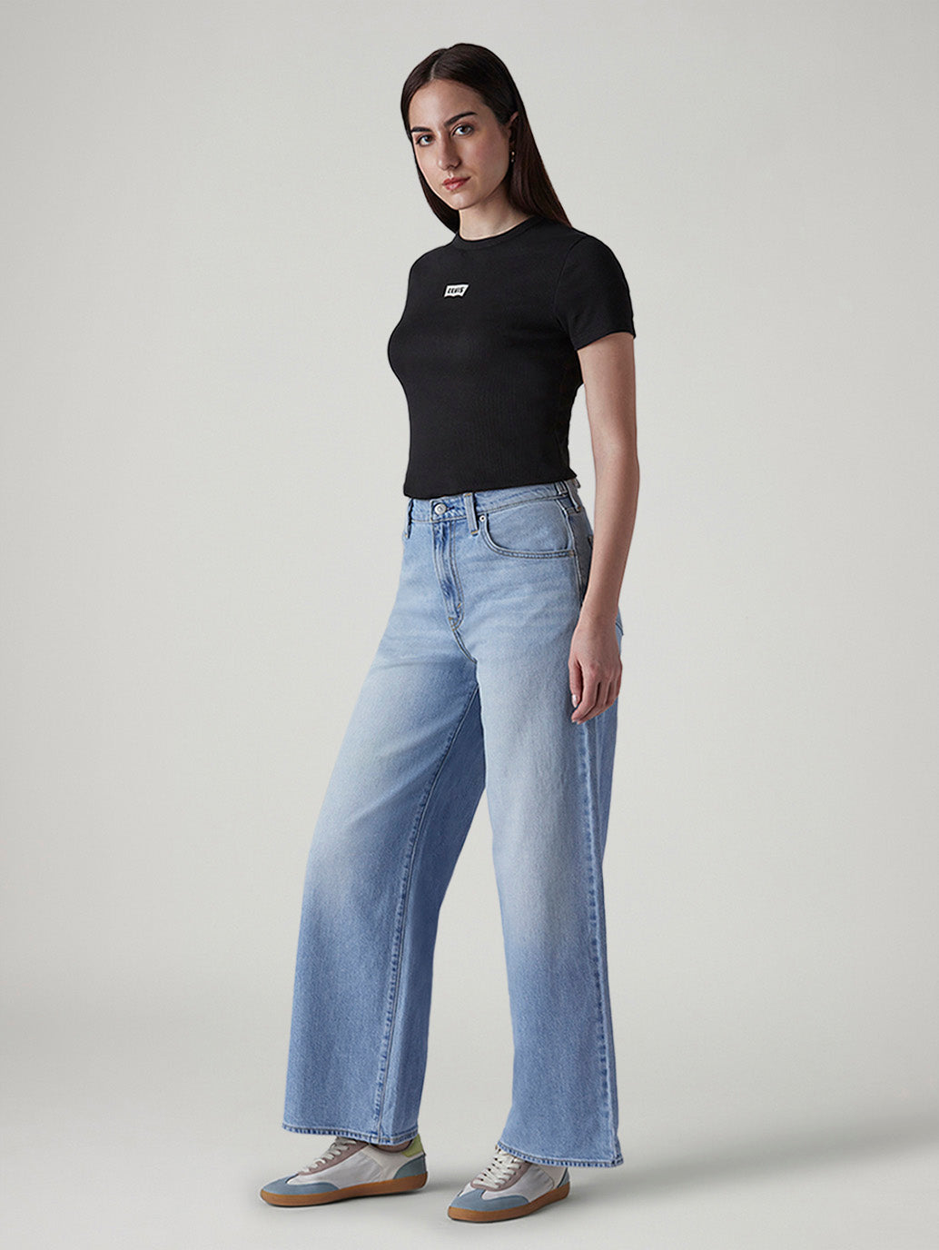 Women's Light Blue Wide Leg Fit High Rise Cinched Jeans - 20 View