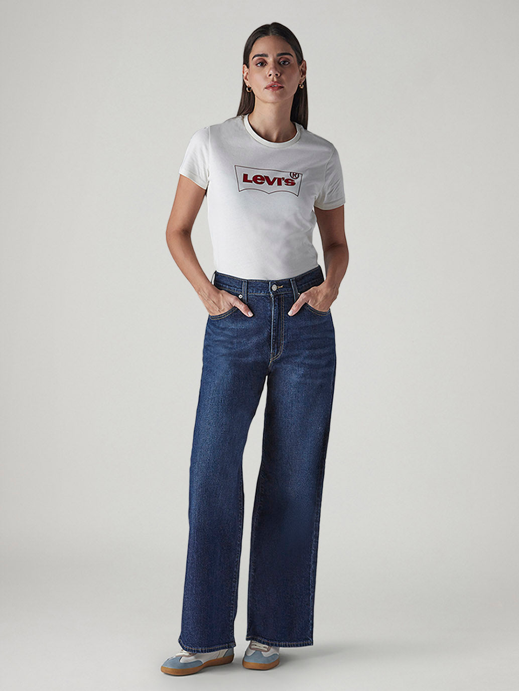 Women's Dark Indigo Wide Leg Fit High Rise Cinched Jeans - Front View