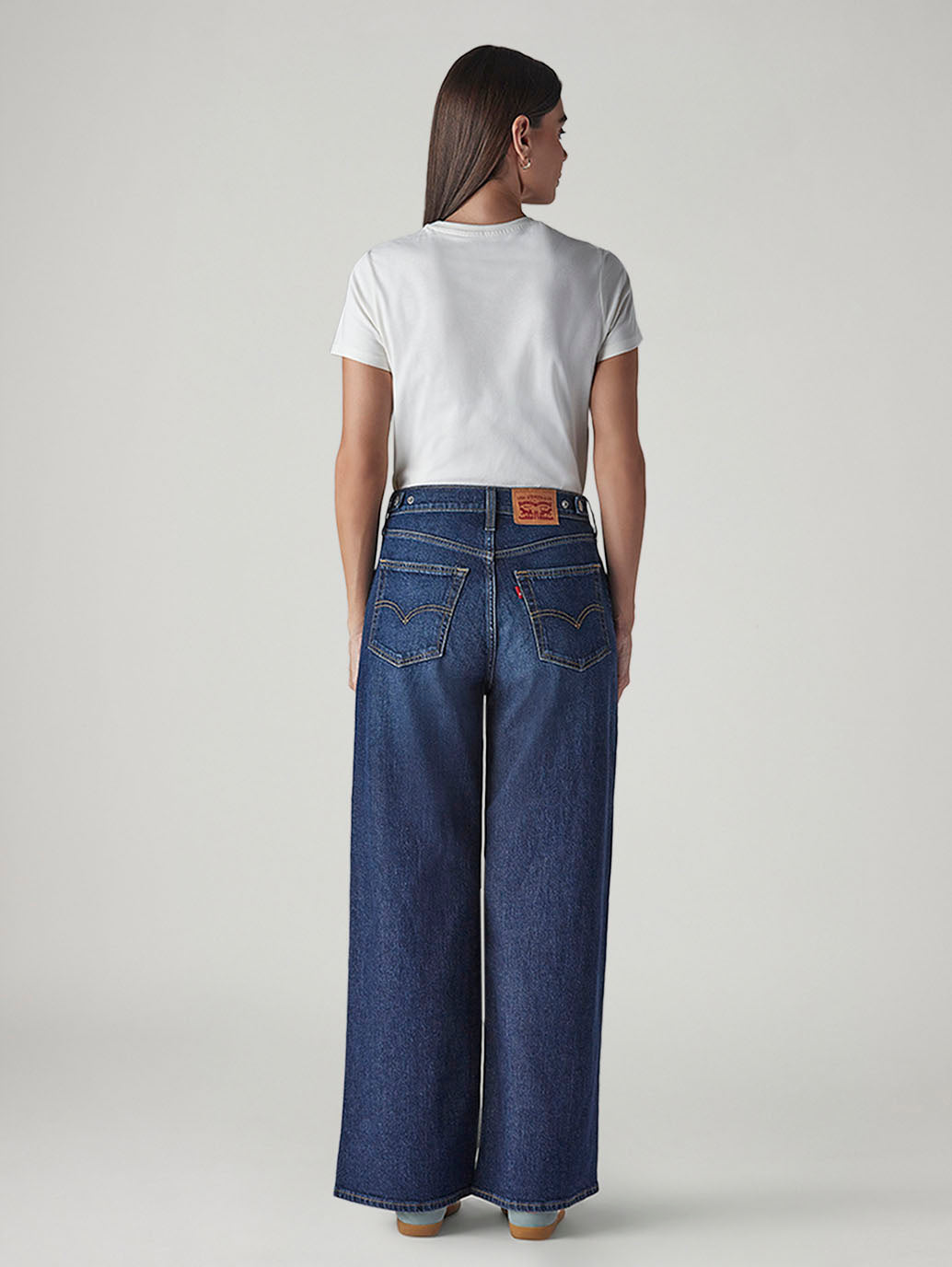 Women's Dark Indigo Wide Leg Fit High Rise Cinched Jeans - Back View