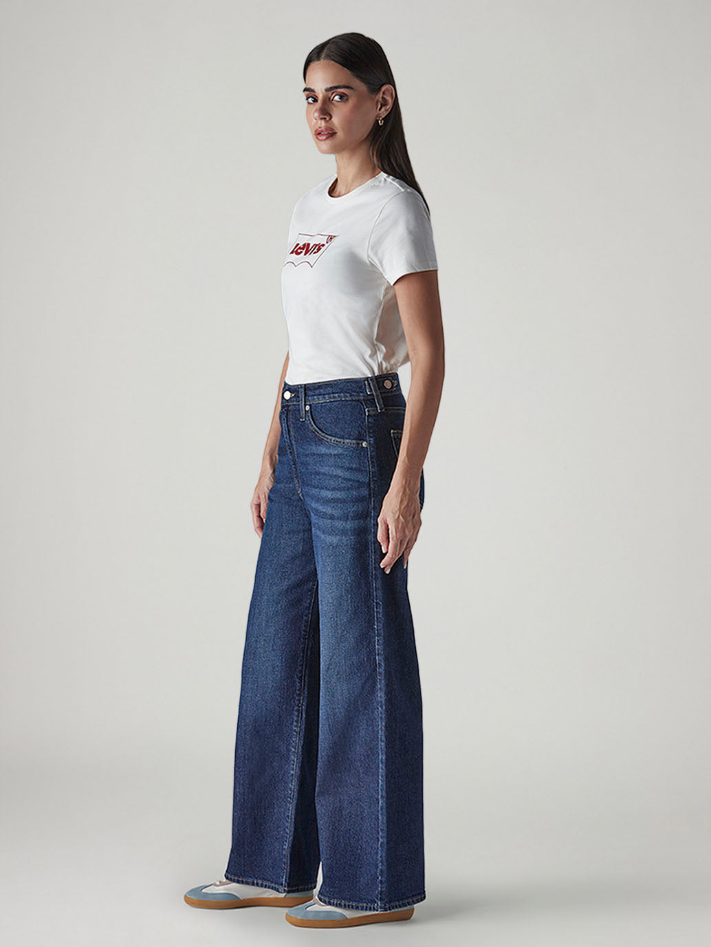 Women's Dark Indigo Wide Leg Fit High Rise Cinched Jeans - Side View