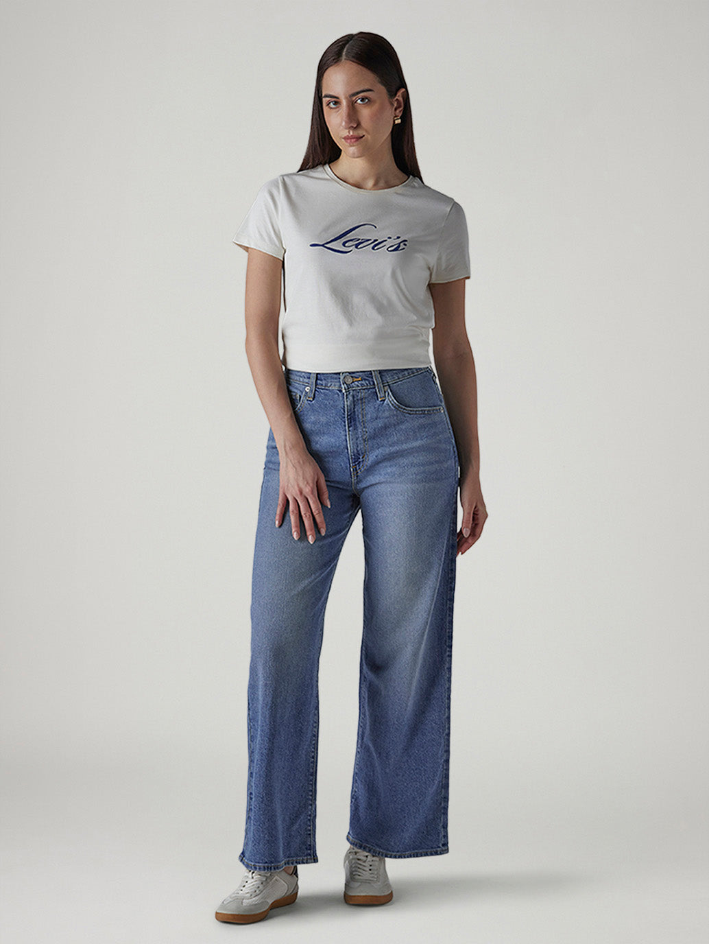 Women's Blue Wide Leg Fit High Rise Cinched Jeans - Front View
