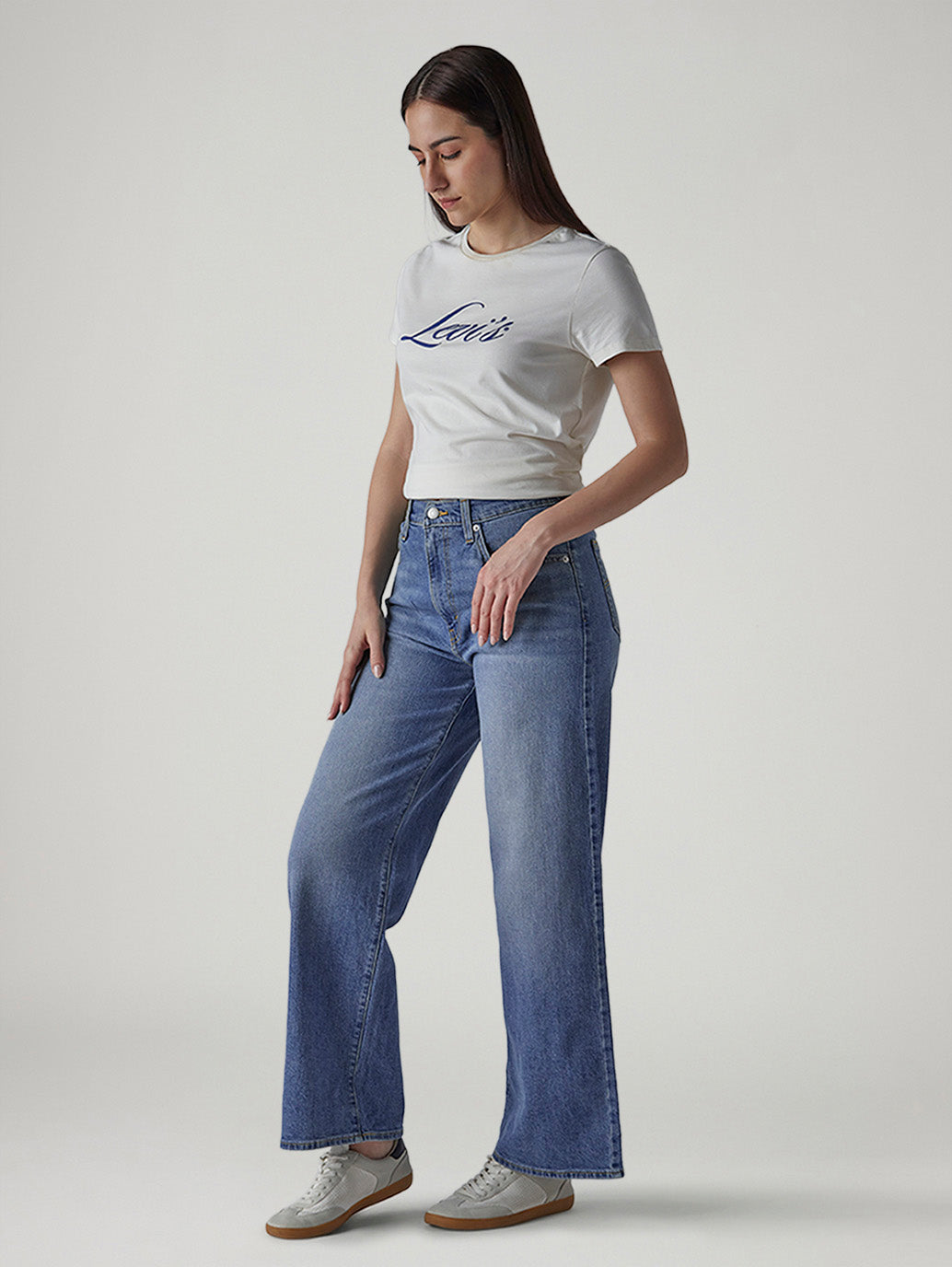 Women's Blue Wide Leg Fit High Rise Cinched Jeans - Side View
