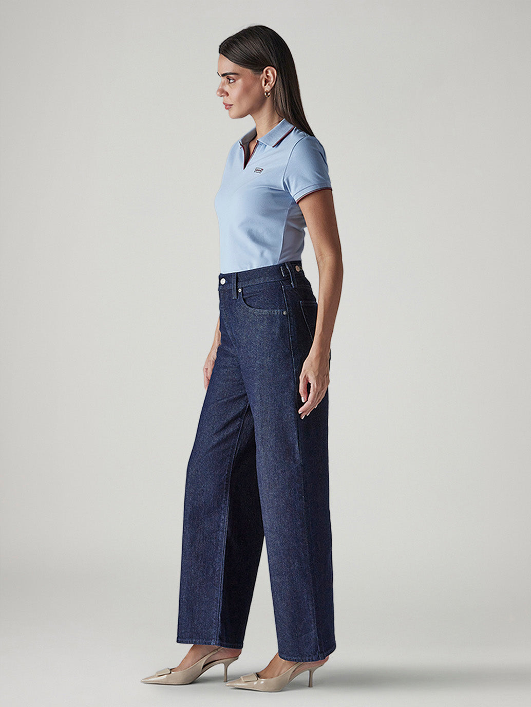 Women's Dark Indigo Wide Leg Fit High Rise Cinched Jeans - Side View