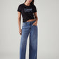 Women's Blue Wide Leg Fit Mid Rise Cinched Jeans - Styleshot View