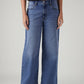 Women's Blue Wide Leg Fit Mid Rise Cinched Jeans - Front View