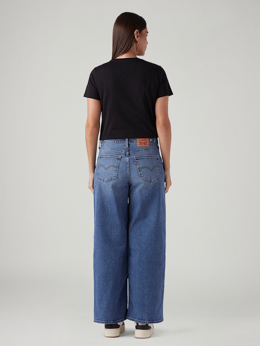 Women's Blue Wide Leg Fit Mid Rise Cinched Jeans - Back View
