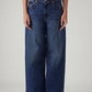 Women's Blue Wide Leg Fit Mid Rise Cinched Jeans - Front View