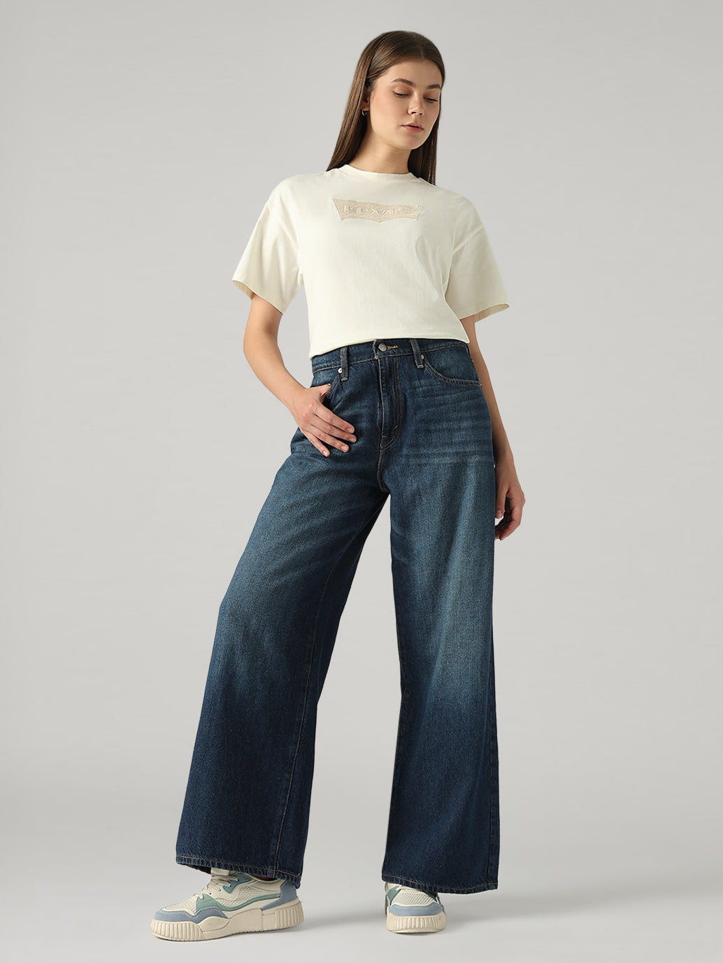 Women's Blue Wide Leg Fit High Rise Cinch Jeans