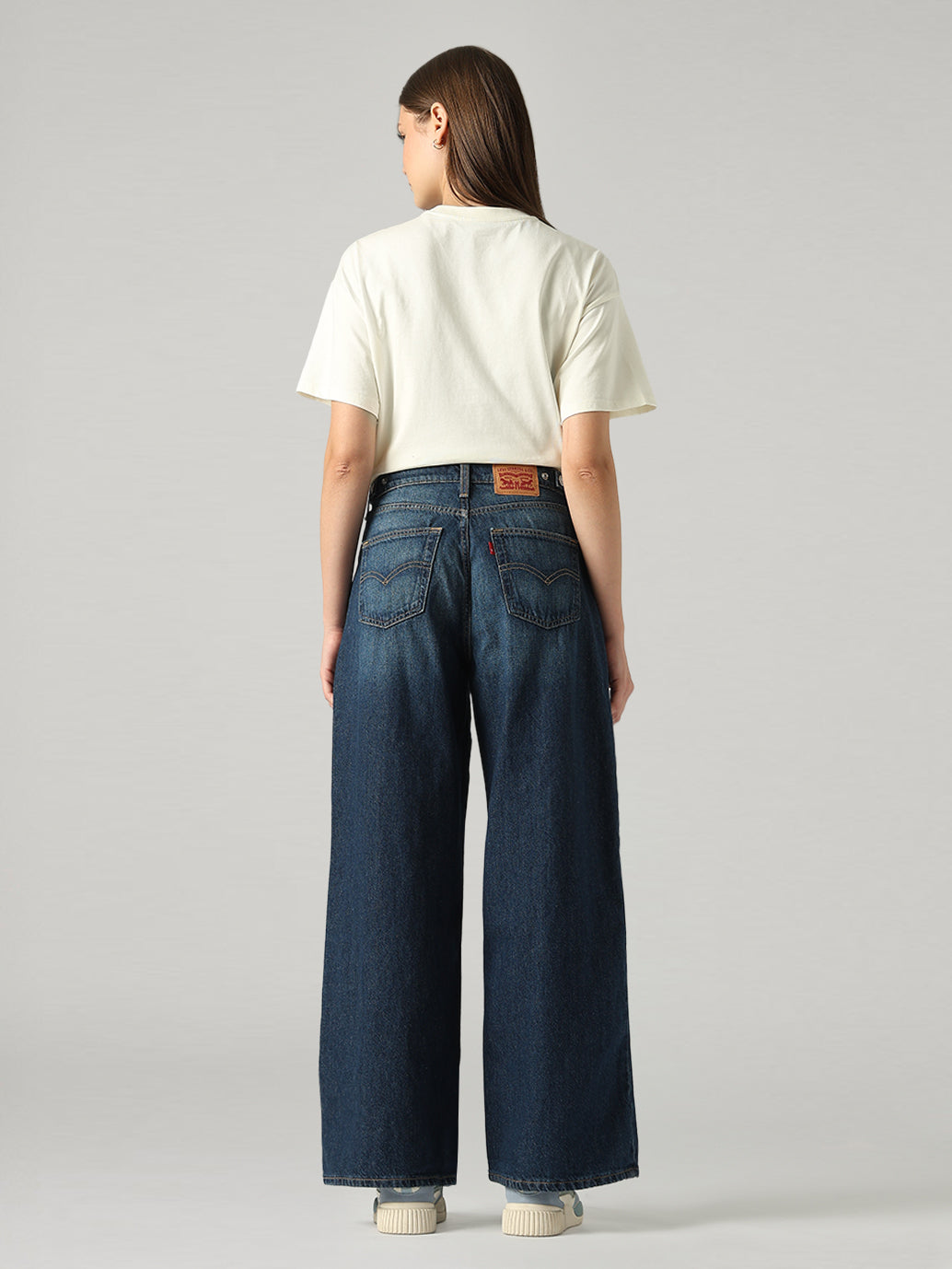 Women's Blue Wide Leg Fit High Rise Cinch Jeans - Back View