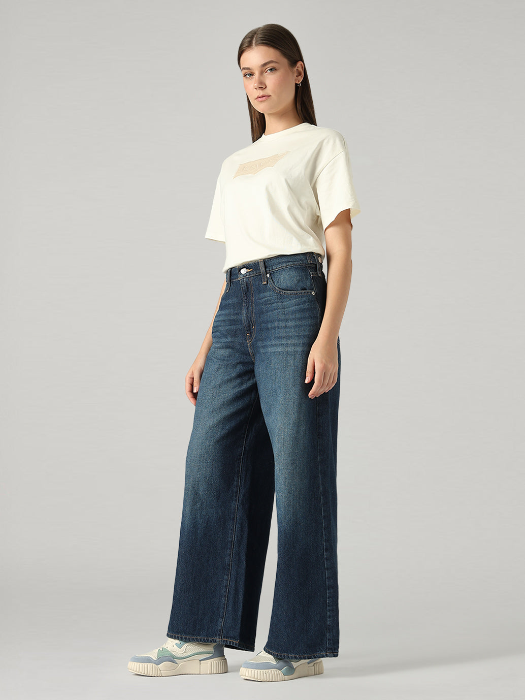 Women's Blue Wide Leg Fit High Rise Cinch Jeans - Side View