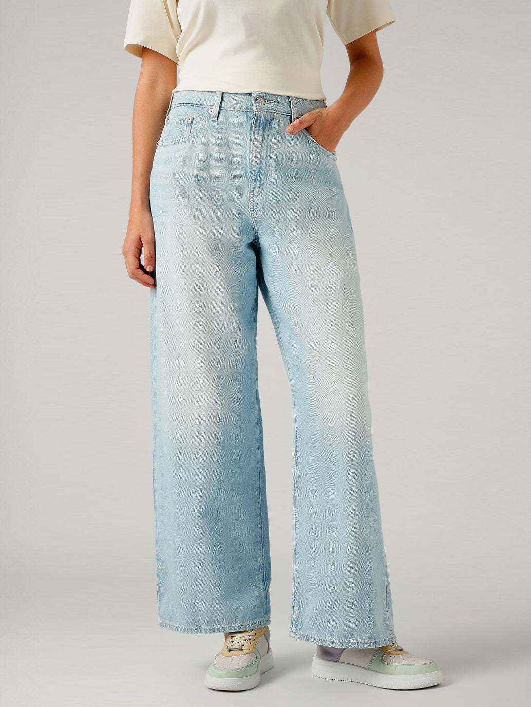 Women's Light Blue Ribcage Wide Leg Fit High Rise Cinch Jeans - Front View